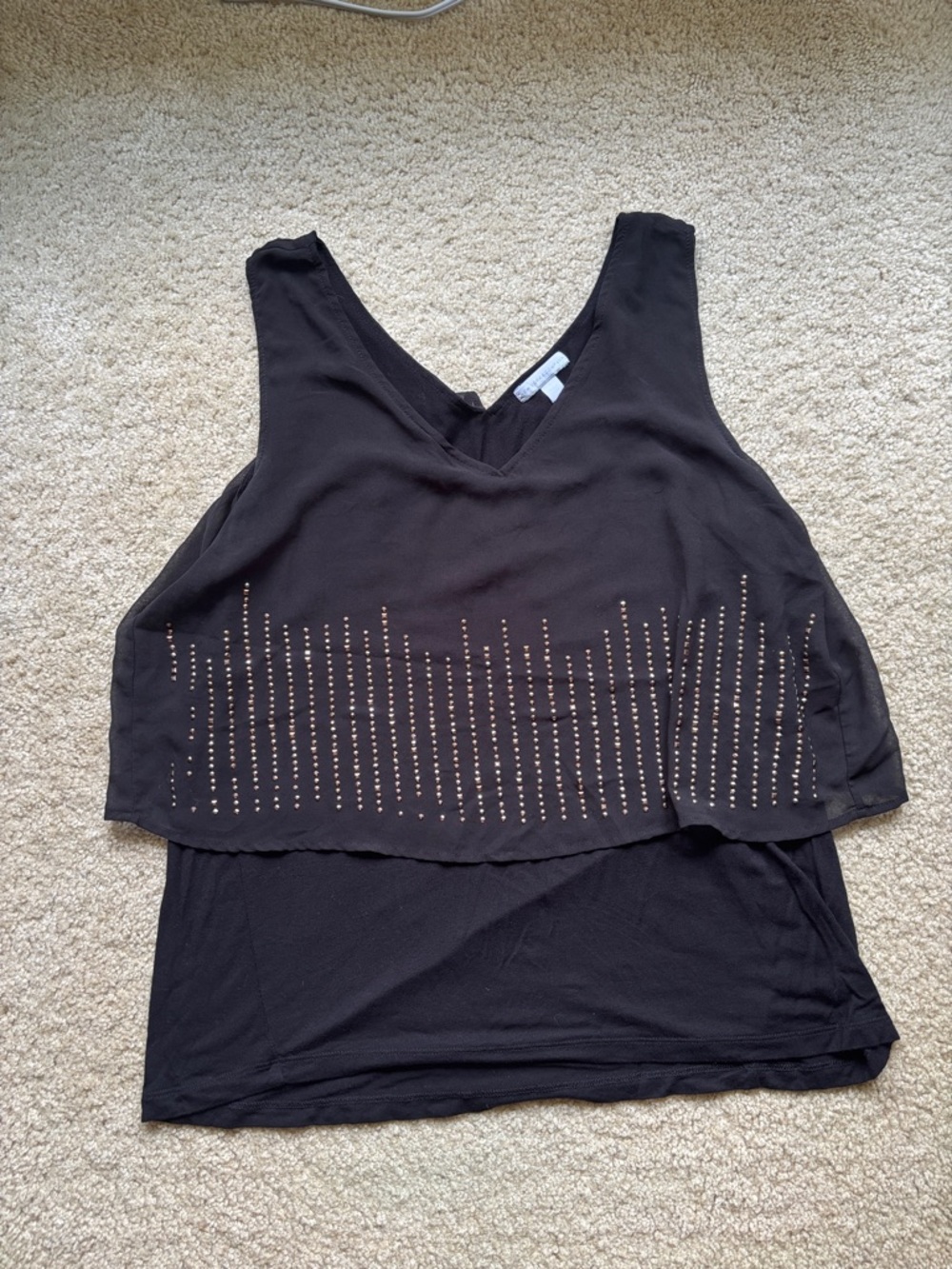 New York & Company Black Layered V-Neck Tank with Gold Studs